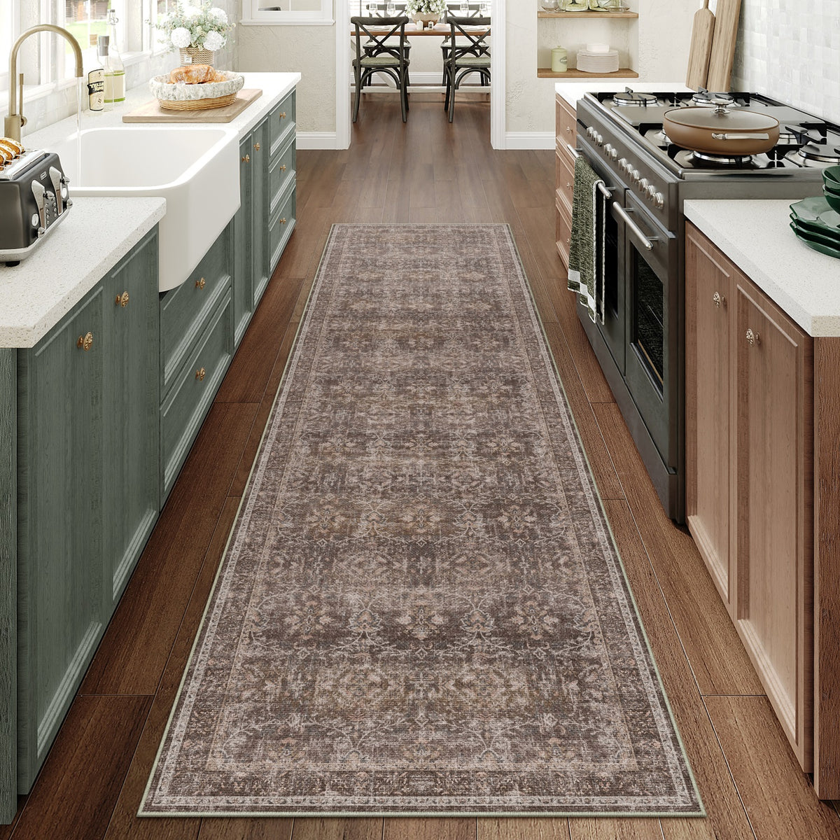 Rose Garden Red Brown Runner Rug