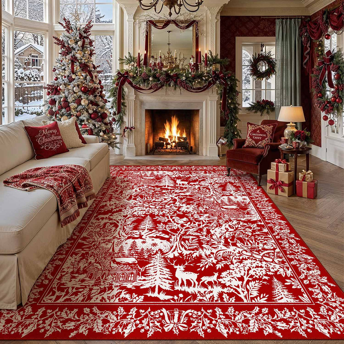 Woodland Christmas Red Rug